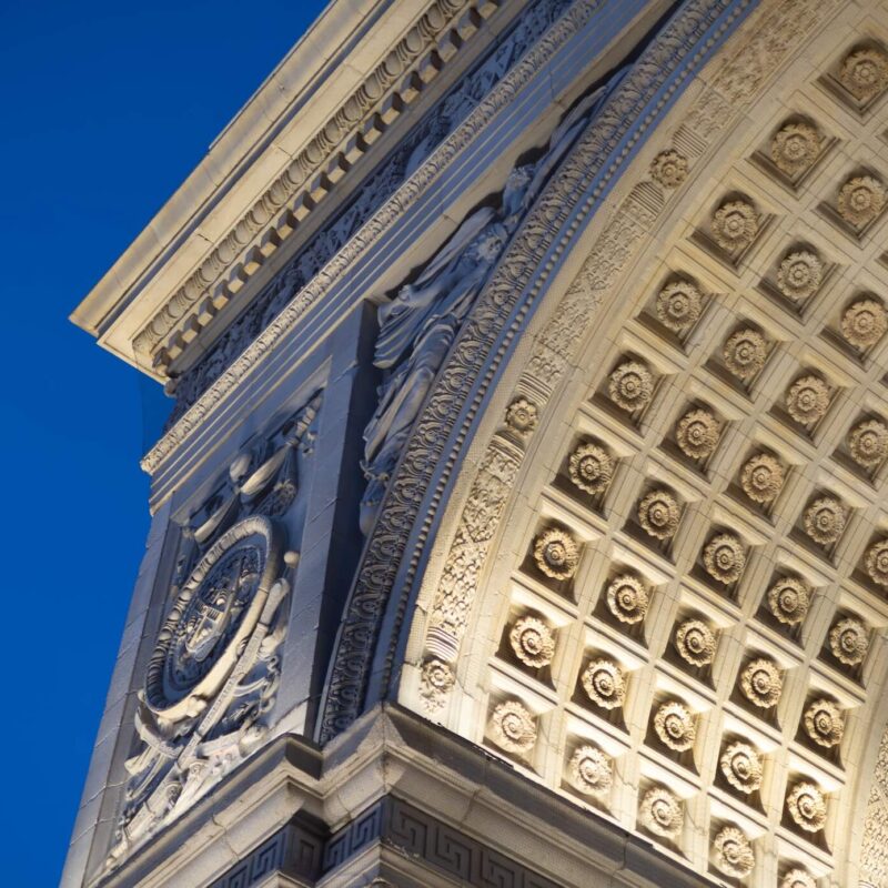 Washington Square Arch — fine-art photograph of the iconic Greenwich Village landmark glowing at twilight by Pamela Thomas-Graham (8×10).