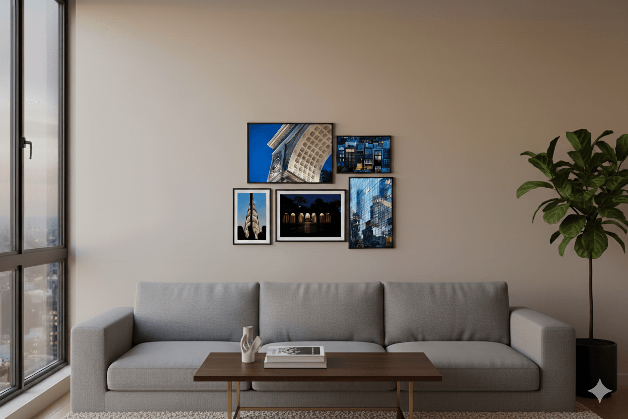 The First Hour gallery wall — five twilight prints arranged in a compact composition.