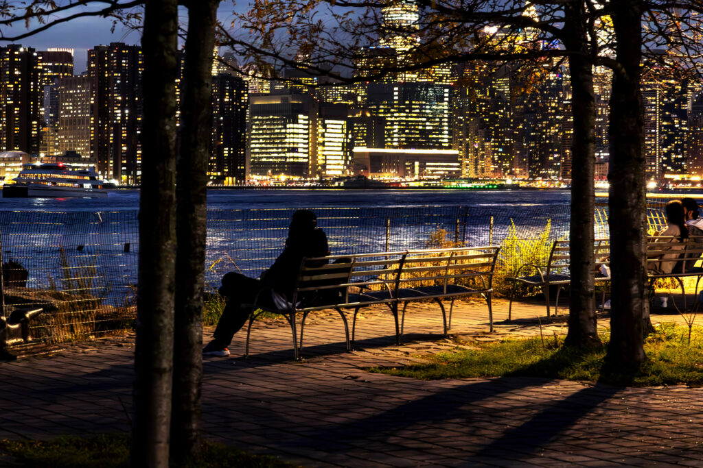 Twilight view of Williamsburg waterfront reflecting city lights.