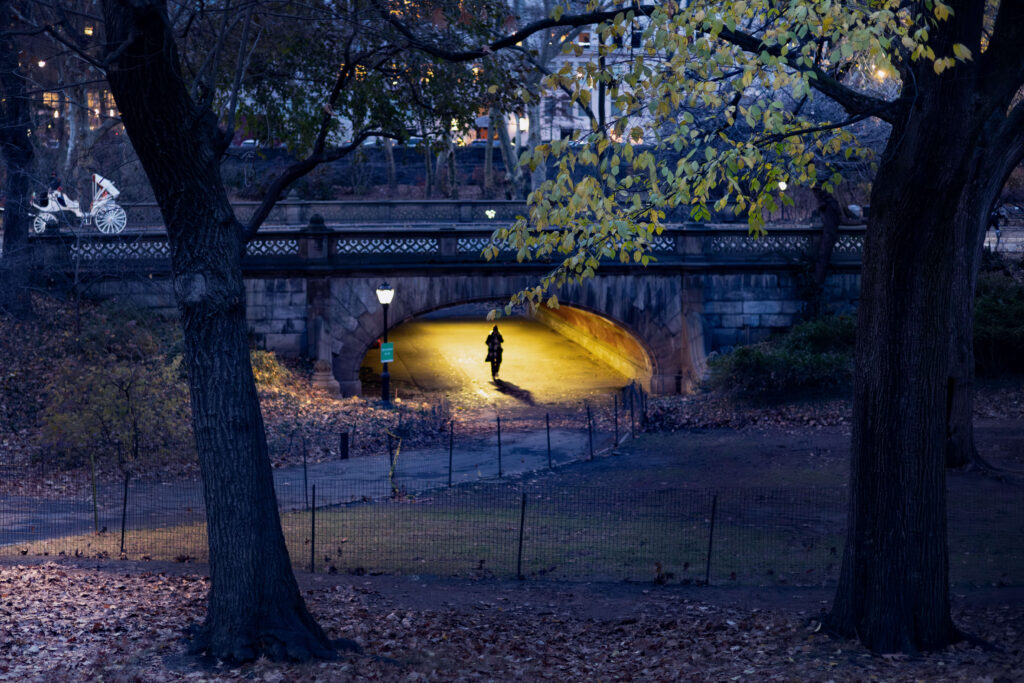 Single figure walking in Central Park at twilight, photo taken by Pamela Thomas-Graham.