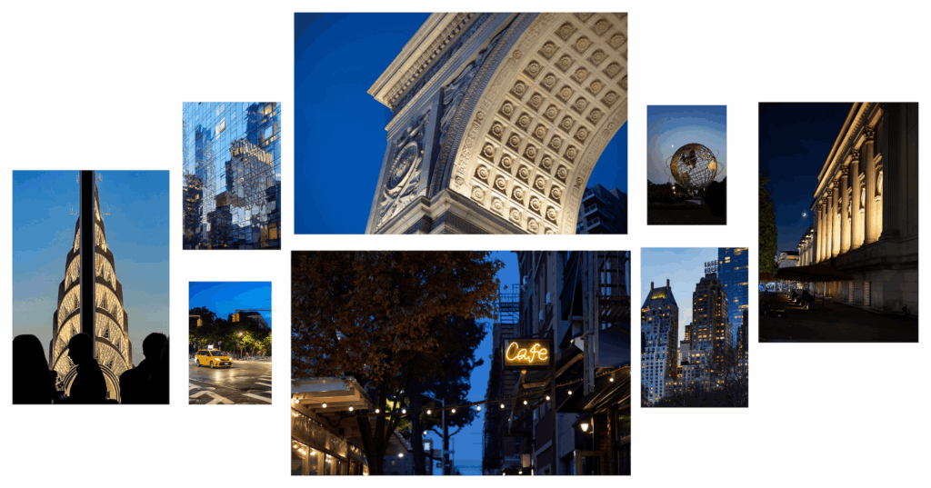 The Grand Hour gallery wall from Nocturne in Blue by Pamela Thomas-Graham, featuring indigo twilight photography.