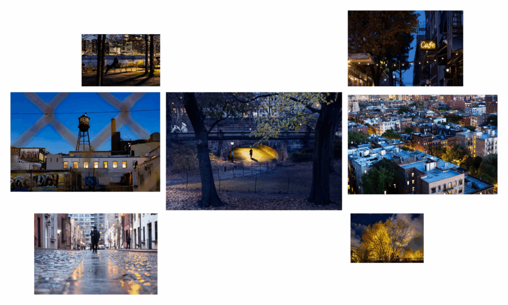 Seven-print indigo-and-gold gallery wall featuring New York twilight photographs by Pamela Thomas-Graham.