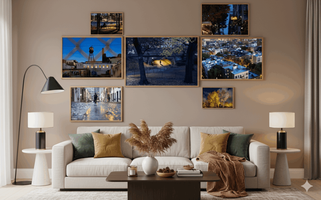 Seven indigo-and-gold photographs displayed in a warmly lit interior.