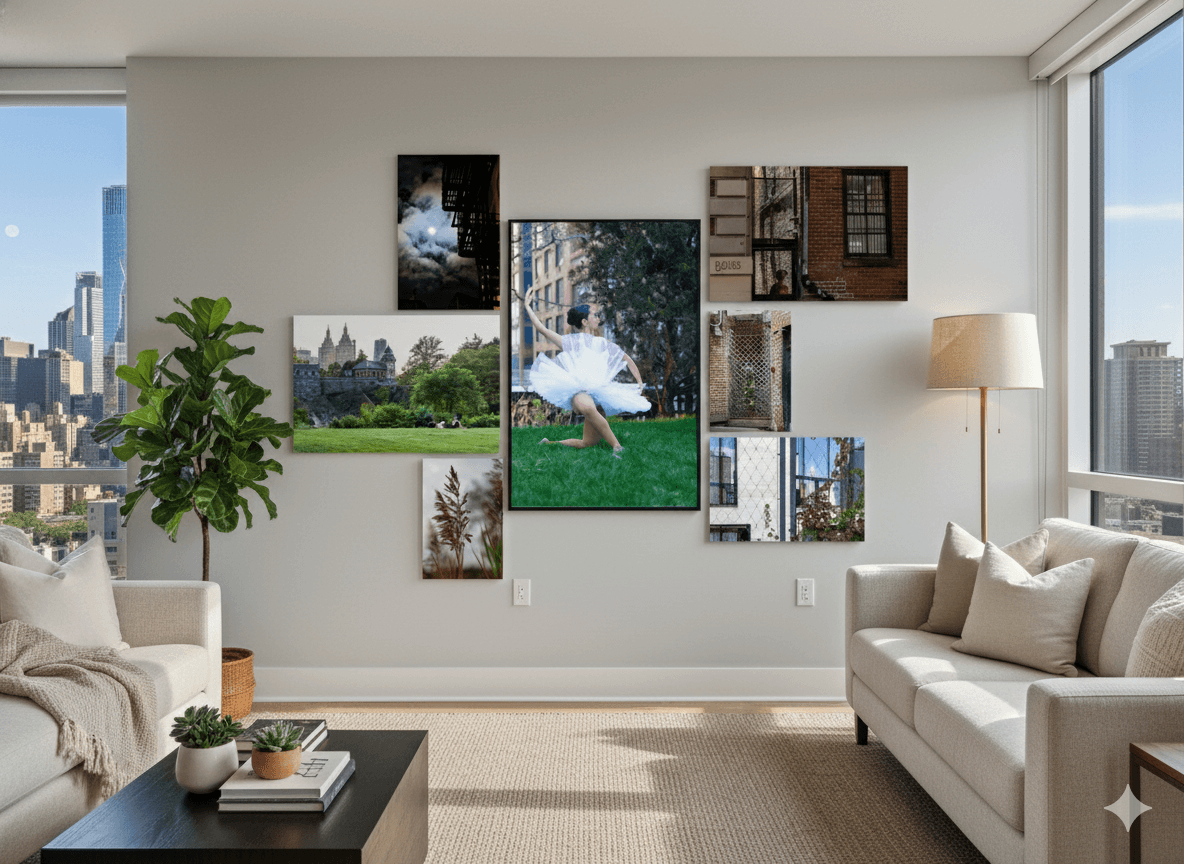 Ironvine gallery wall from Petal Noir — vertical compositions of New York fire escapes by Pamela Thomas-Graham.
